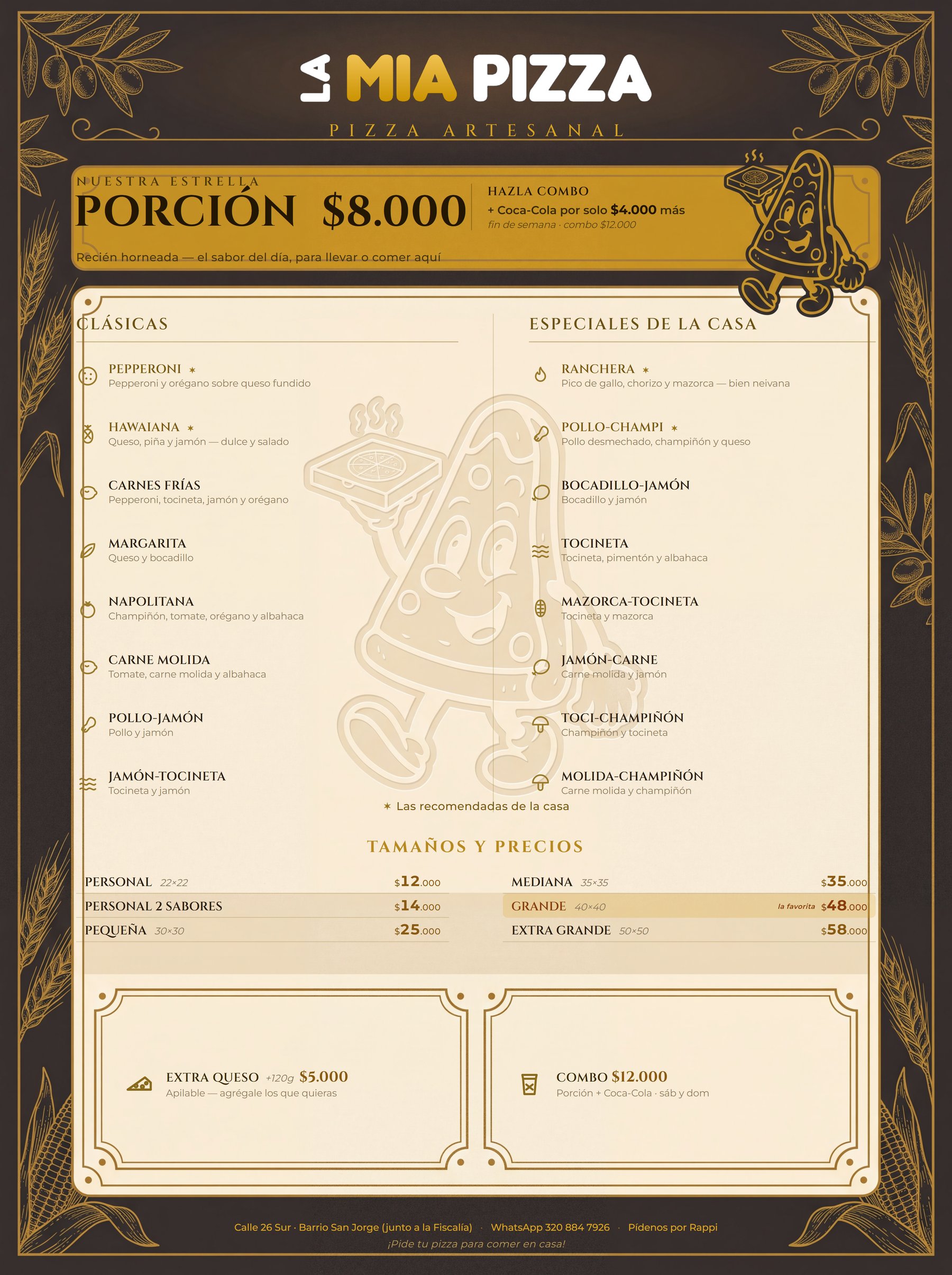 Carta de La Mía Pizza: porción $8.000, pizzas clásicas y especiales de la casa, tamaños desde Personal $12.000 hasta Extra Grande $58.000.