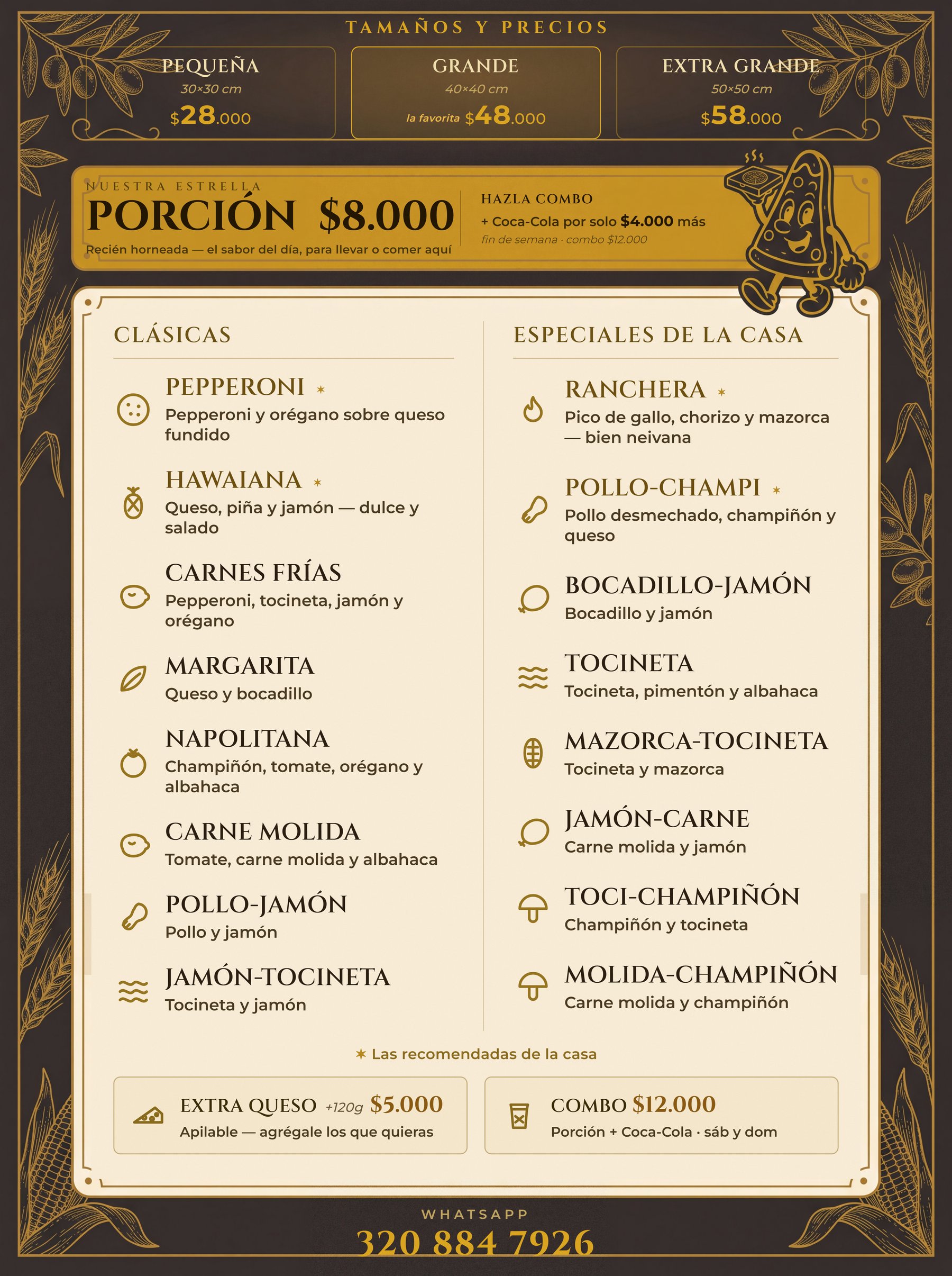 Carta de La Mía Pizza: porción $8.000, 16 sabores entre clásicas y especiales de la casa, y tamaños Pequeña $28.000, Grande $48.000 y Extra Grande $58.000.